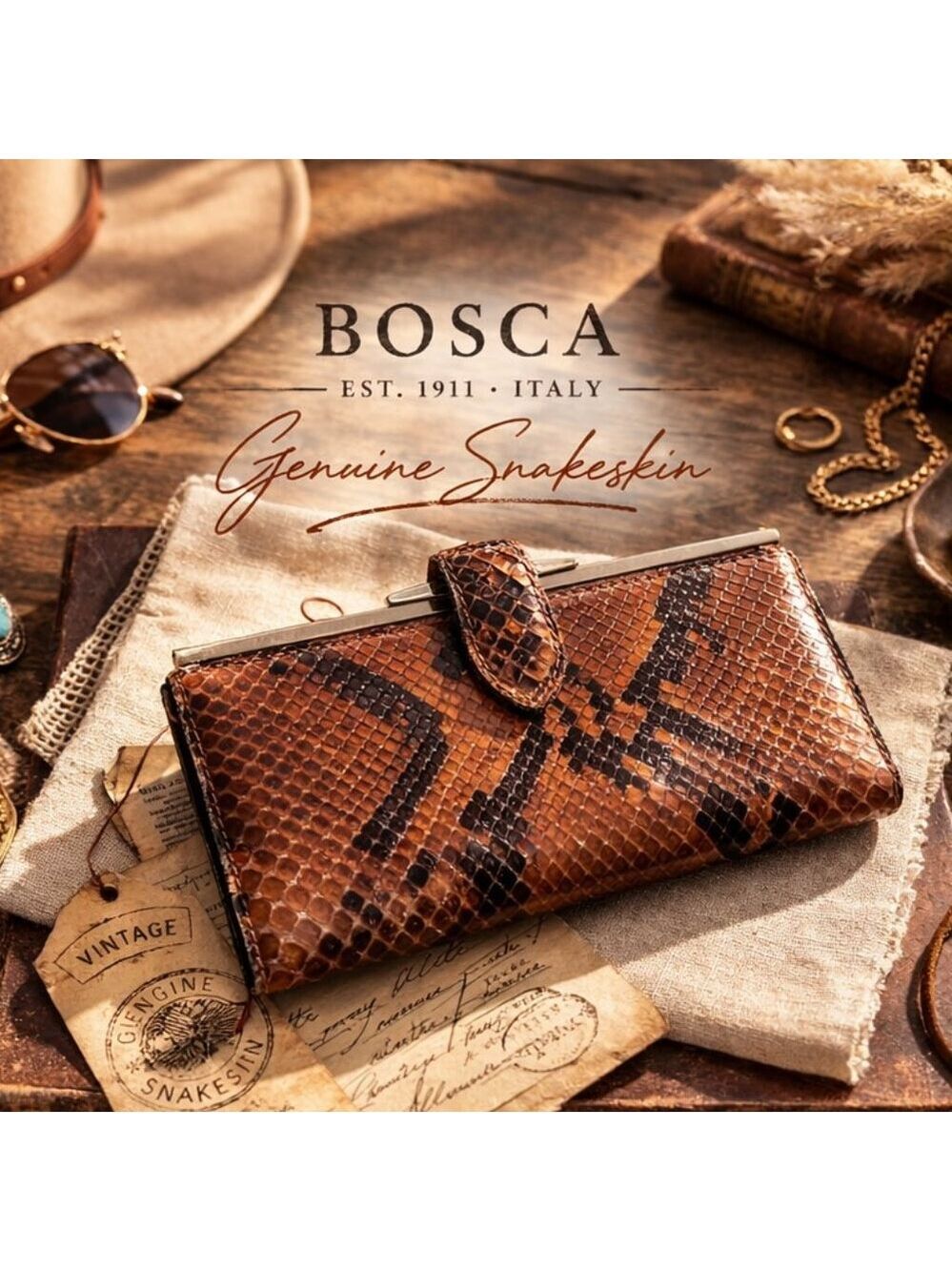 Vintage Bosca Genuine Snakeskin Wallet Brown Exotic Leather Frame Clutch